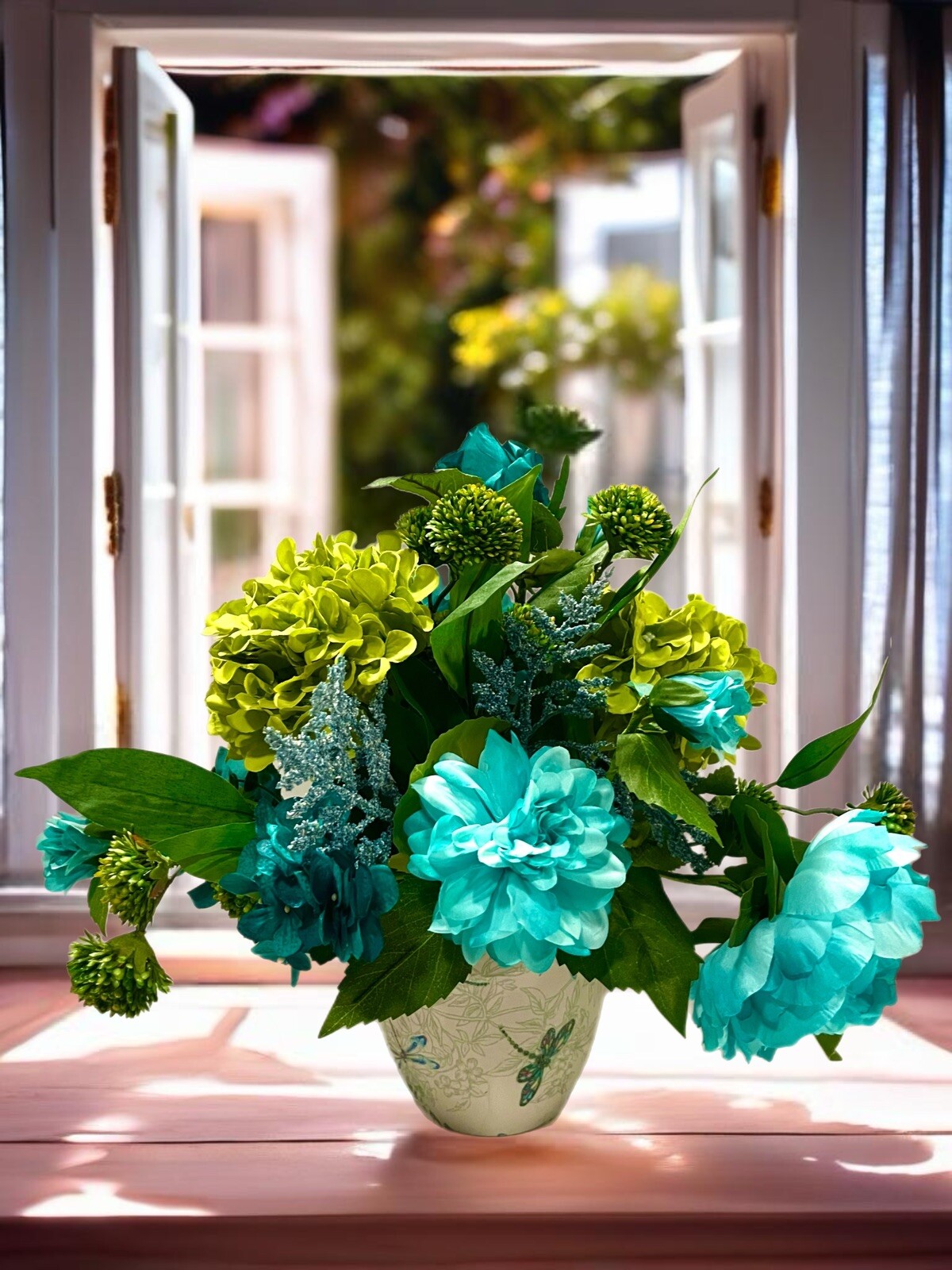 Teal Turquoise Blue & Lime Peony Floral Arrangement Dragon Fly Ceramic Vase