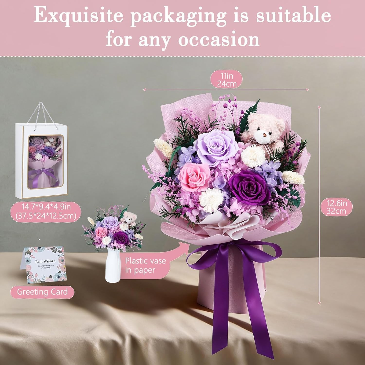 mapleway Preserved Flowers Bouquet with Bear, Long-Lasting Eteranl Flowers for D