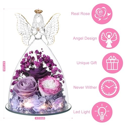 Christmas Rose Gifts for Women Preserved Real Flower in Glass Colorful Purple