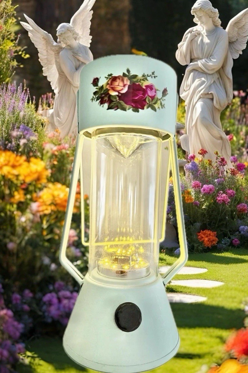 Vintage LED Camping Lantern Floral Rose Motif Mint Green Cottagecore Patio Decor