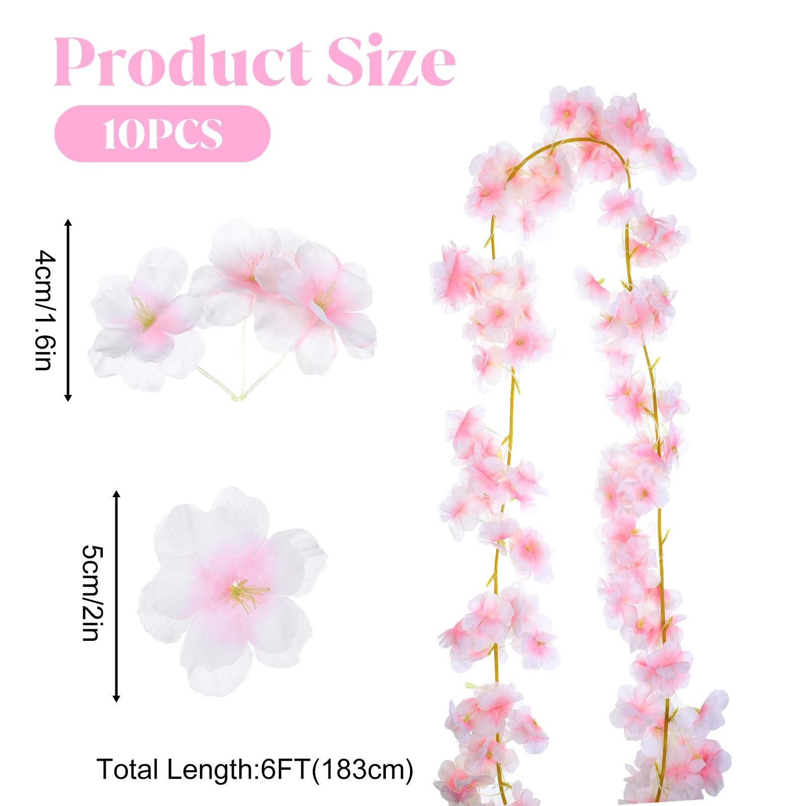 10 PCS Cherry Blossom Flowers 60 Ft Artificial Sakura Vines Light Pink Wedding