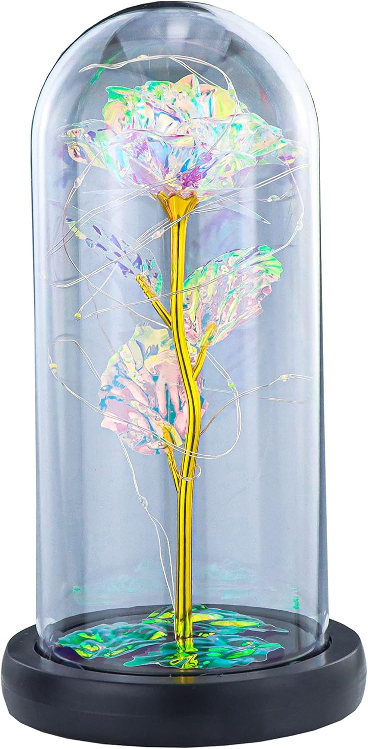 Colorful Led Artificial Rose In Glass Dome Perfect Gift For Her And Home Decor
