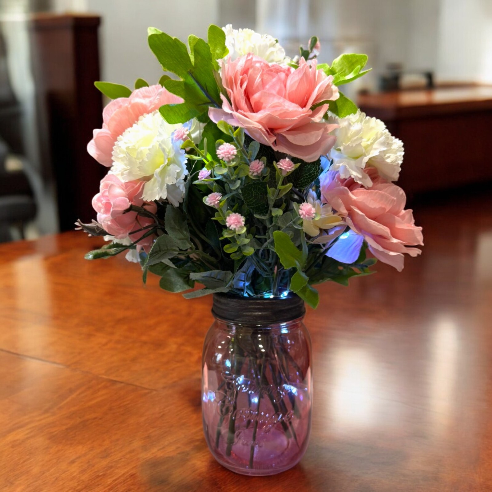 Pink Rose Carnation LED Lighted Flowers Country Farmhouse Mason Jar Mother’s Day