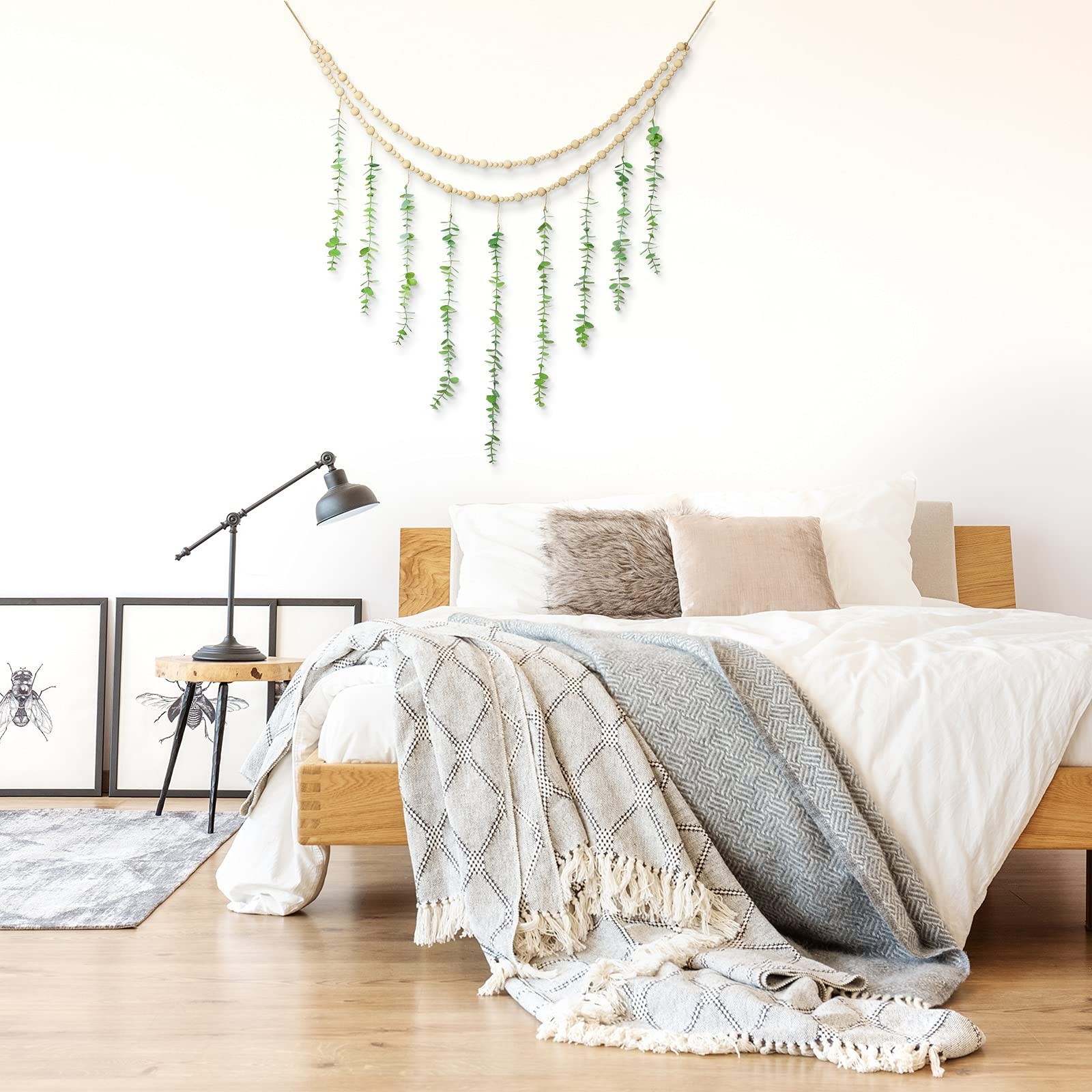 Large Boho Eucalyptus Wall Decor – 36″ Wooden Bead Garland, Greenery Hanging Art