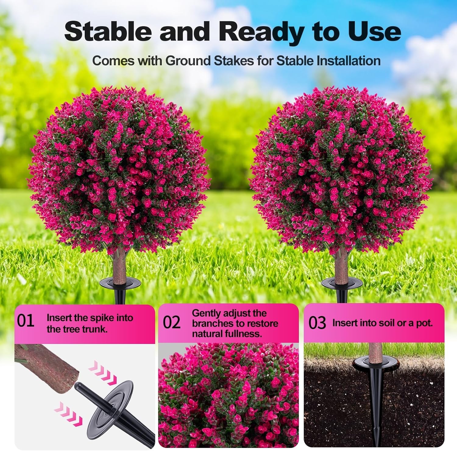 2 Set 26in Artificial Boxwood Topiary Ball Trees with Ground Spike, UV protected
