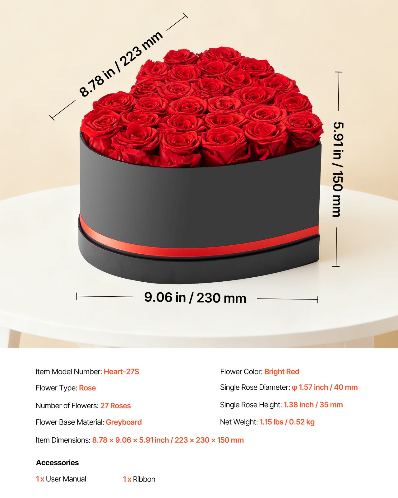 VEVOR Forever Flowers 27 Preserved Roses Heart Box Eternal Bouquet Red