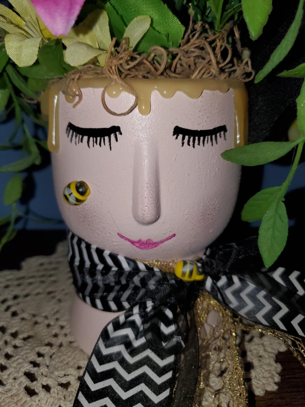 Handmade Floral Arrangement Whimsical Planter Bumble Bee Fushia Yellow Forsythia