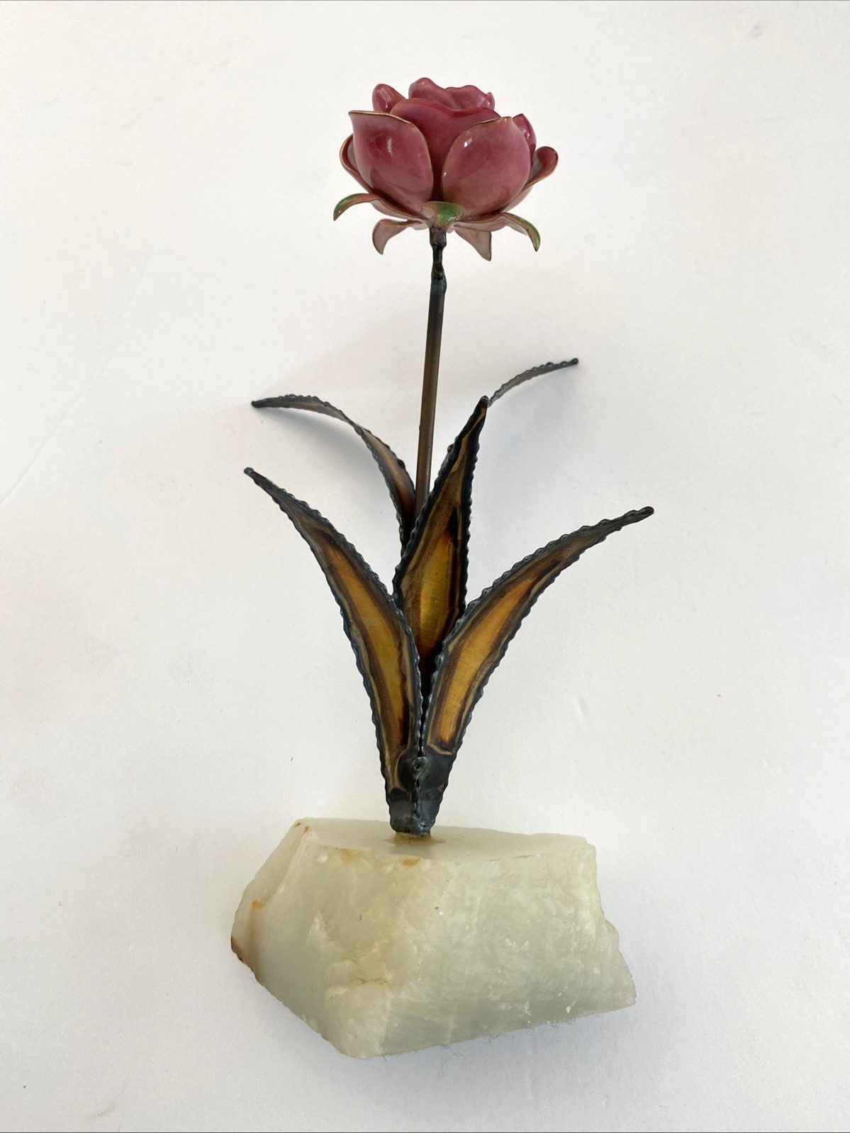 Rose Enamel Copper Flower Mid Modern Metal Art on Stone Onyx