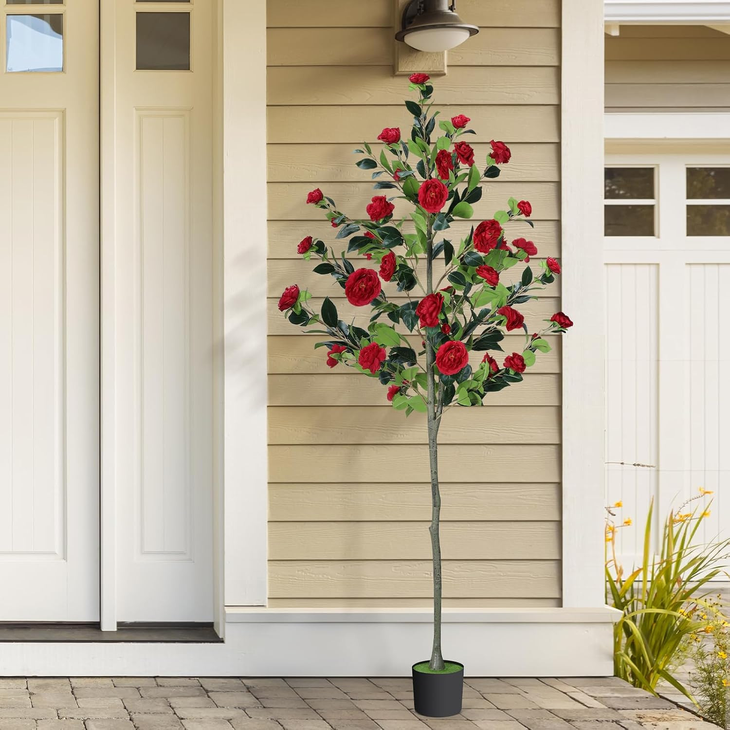 6FT Faux Camellia Tree with Red Flowers – Lifelike & Low Maintenance Decor