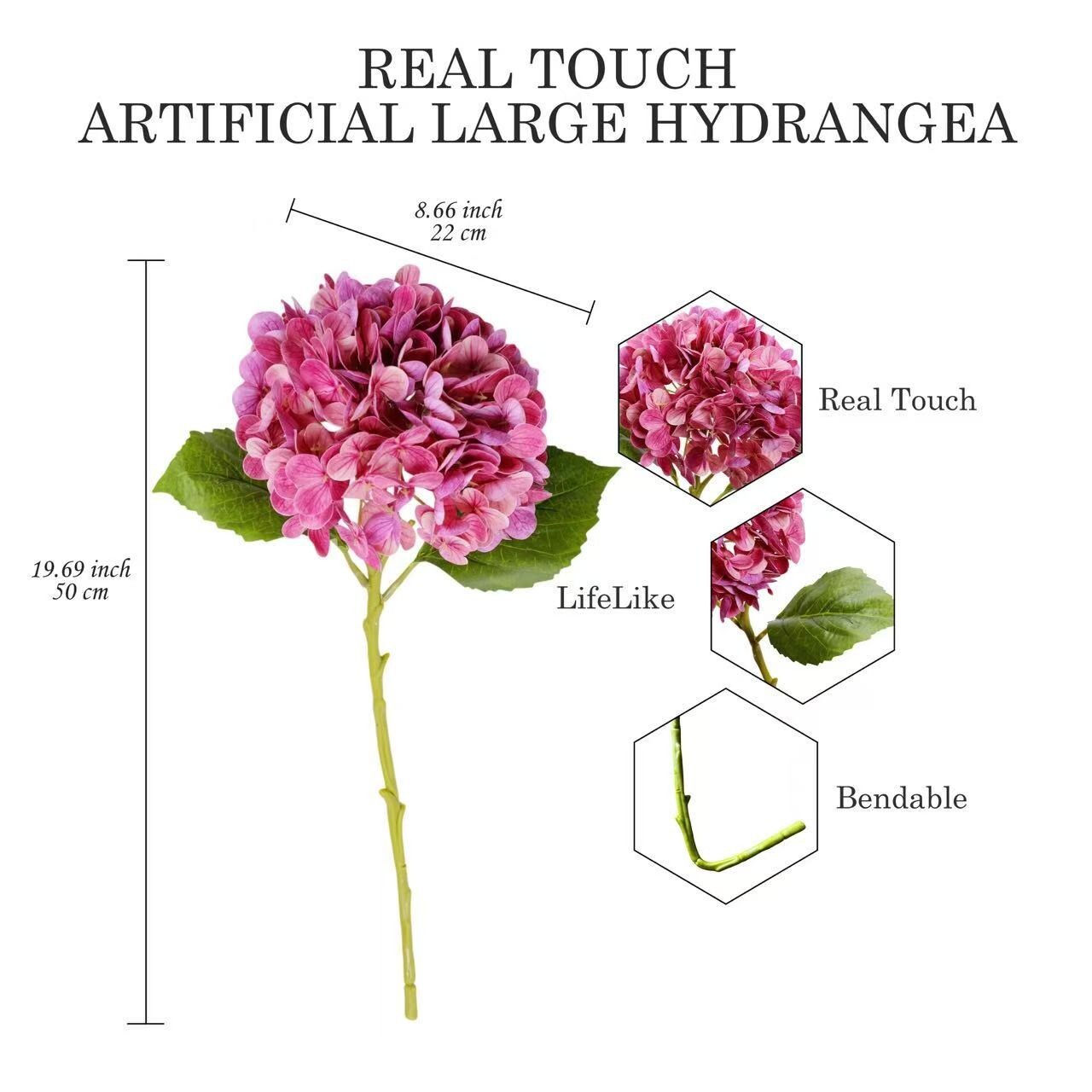 3Pcs Artificial Hydrangea Moisturized Long Stem Fully Blooming Flowers Home Deco