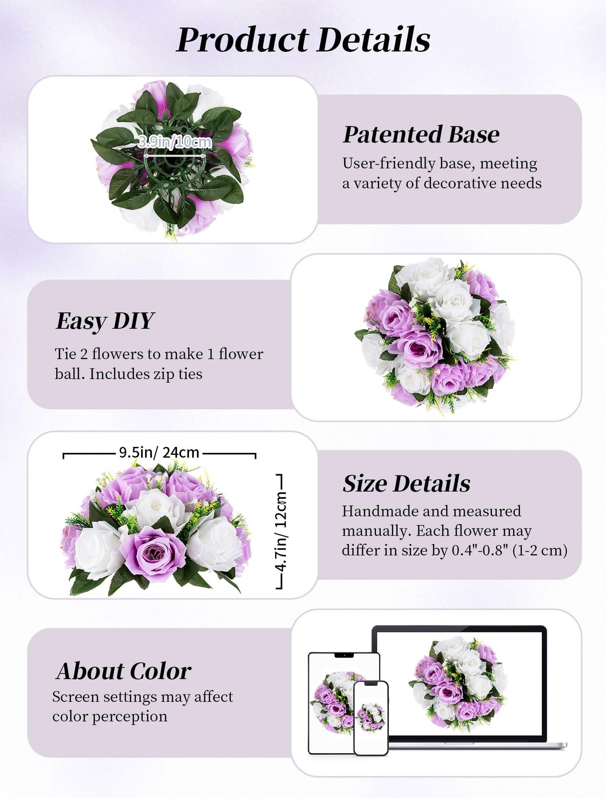 Lilac Purple Flowers Artificial: 2 Pcs Fake Roses Flower Balls Centerpiece fo…