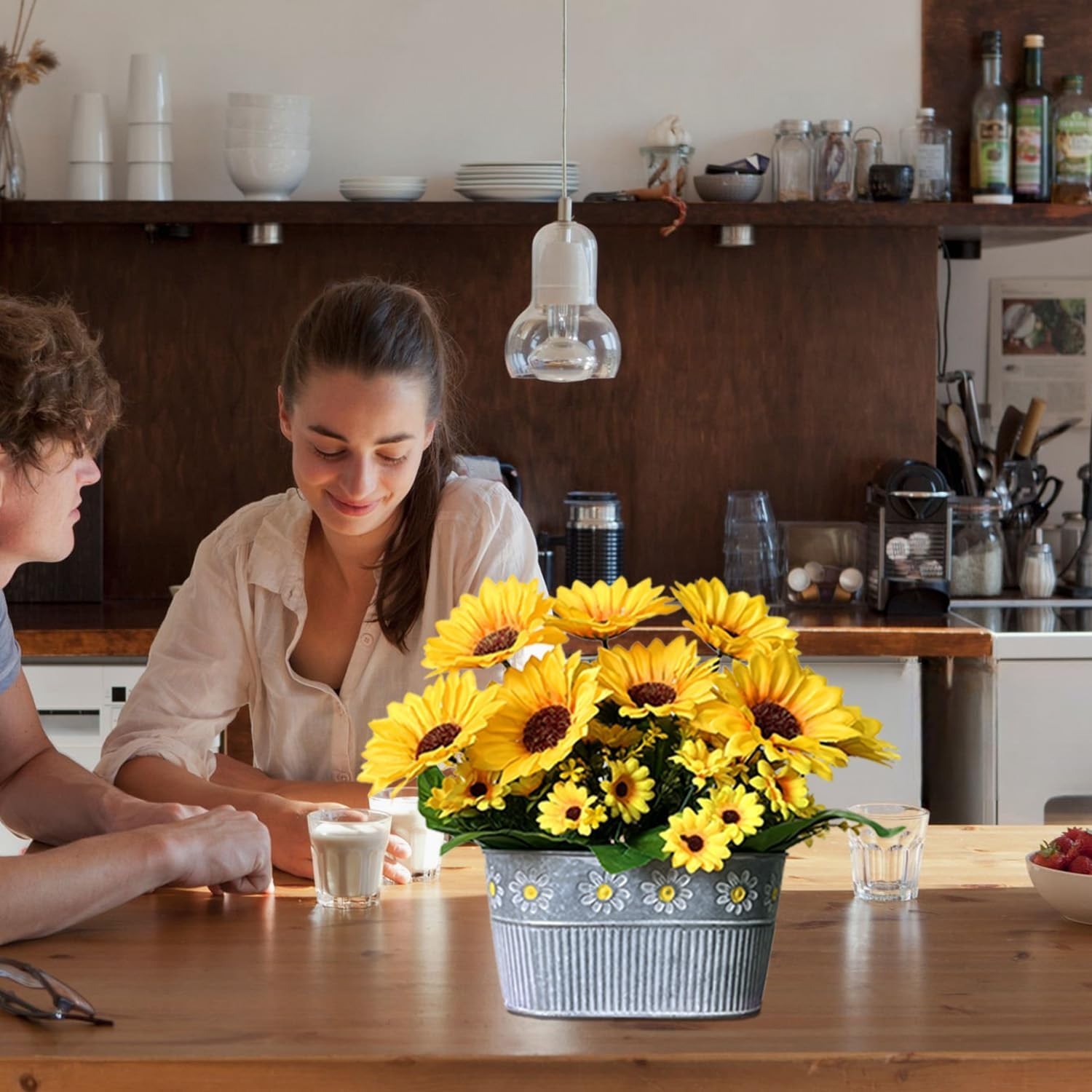 Artificial Sunflowers in Pot Faux Silk Flowers Floral Centerpiece Decor