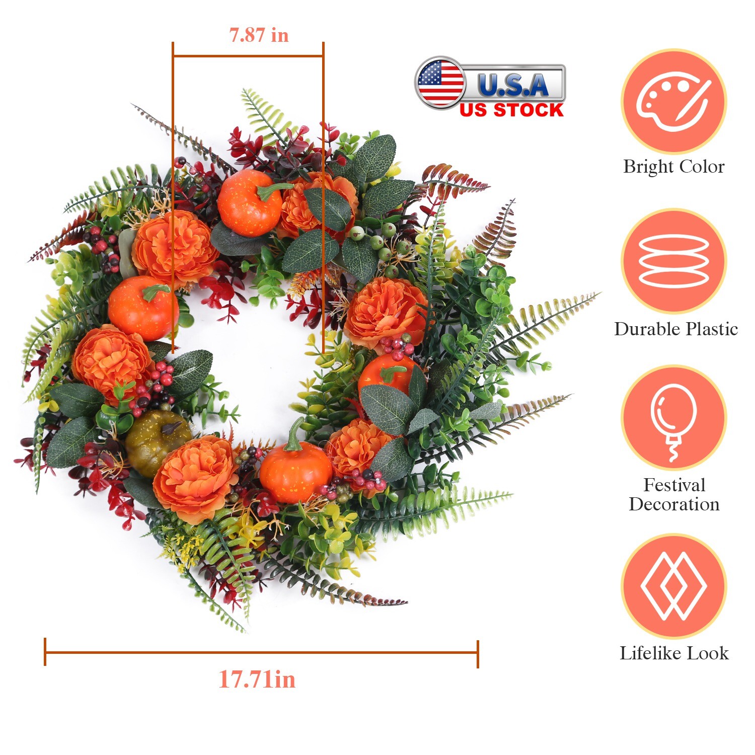 17″Autumn Wreath with Pumpkin Mixed Leaves Berries Flowers Fall Home Party Decor
