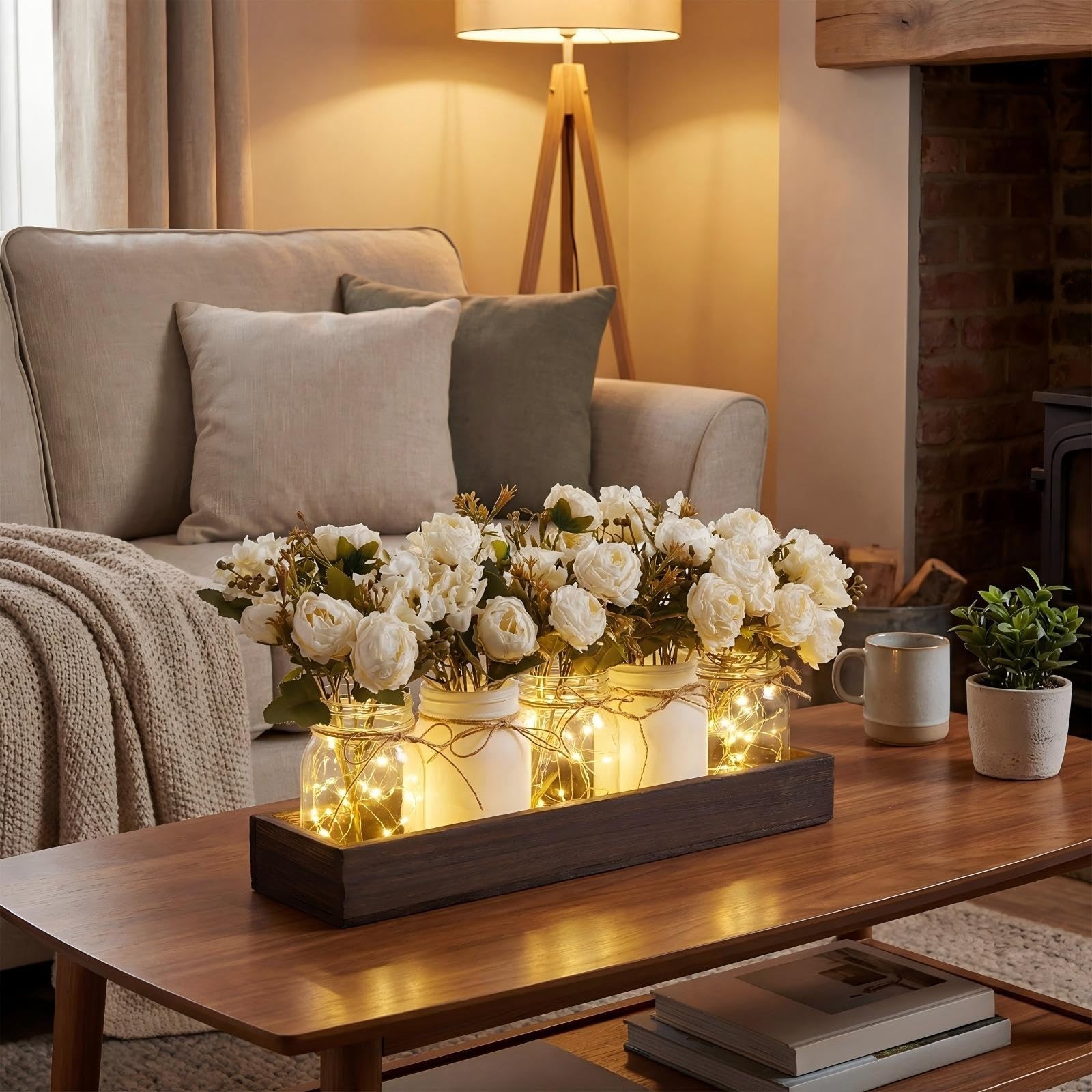 5 Pcs Peony Hydrangea Centerpiece Set with Wood Tray & LED Lights – Table Decor