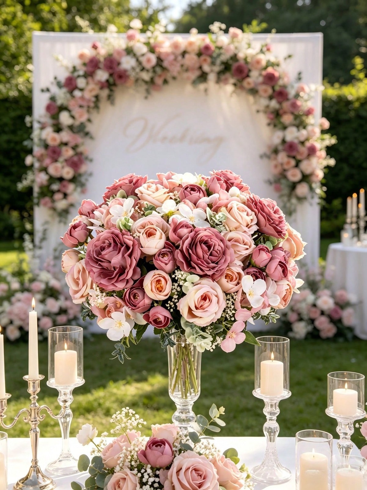 Sand Red Artificial Silk Rose Bouquet For Wedding Home Decor One Size