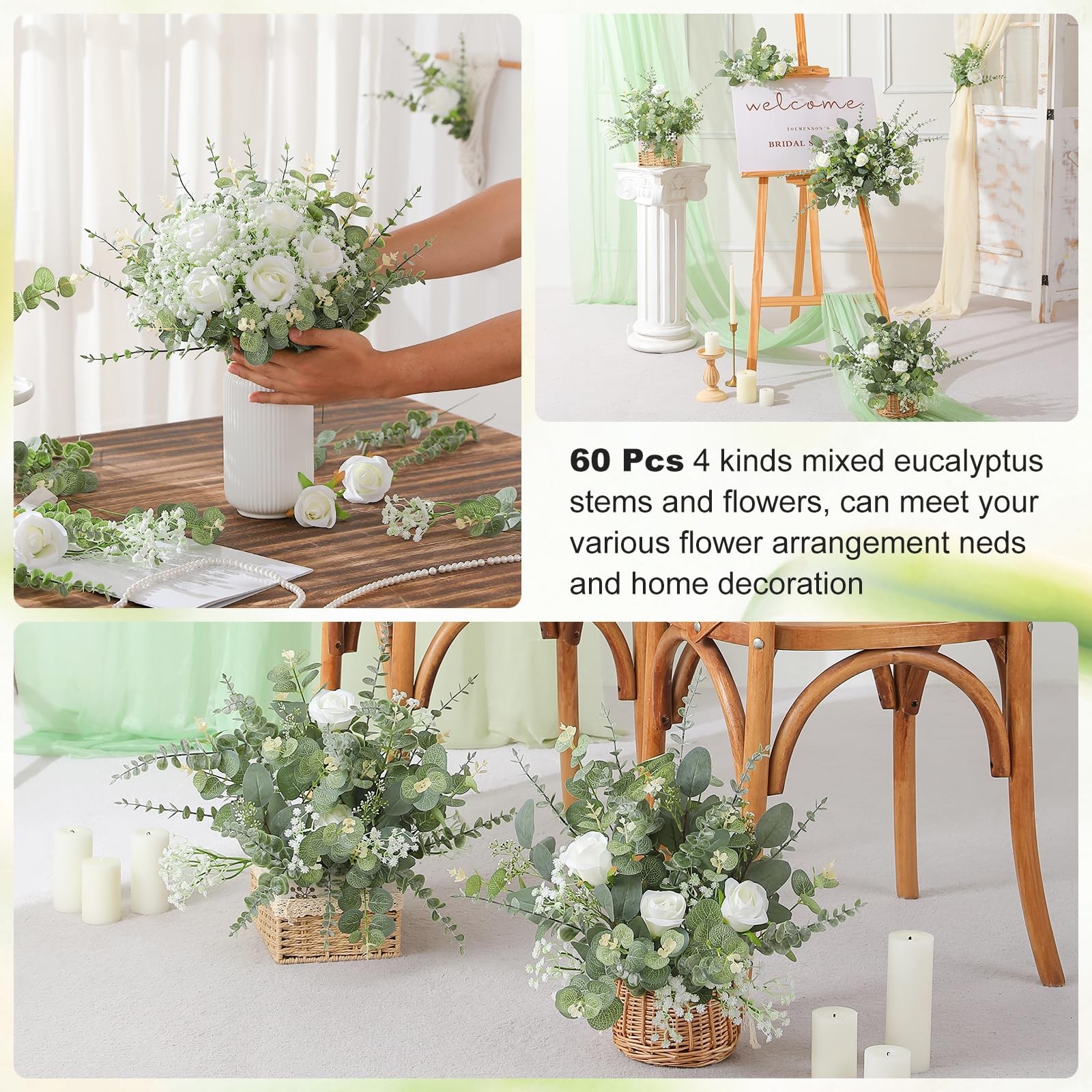 60 Pcs 4 Kinds Mixed Artificial Eucalyptus Stems, Rose Baby’s Breath Fake Flo…