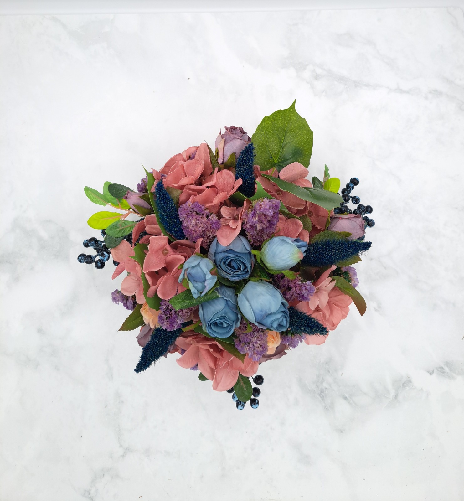 Handmade Blue Rose Blueberry Dried/Silk Flower Arrangement w/ Vintage Basket