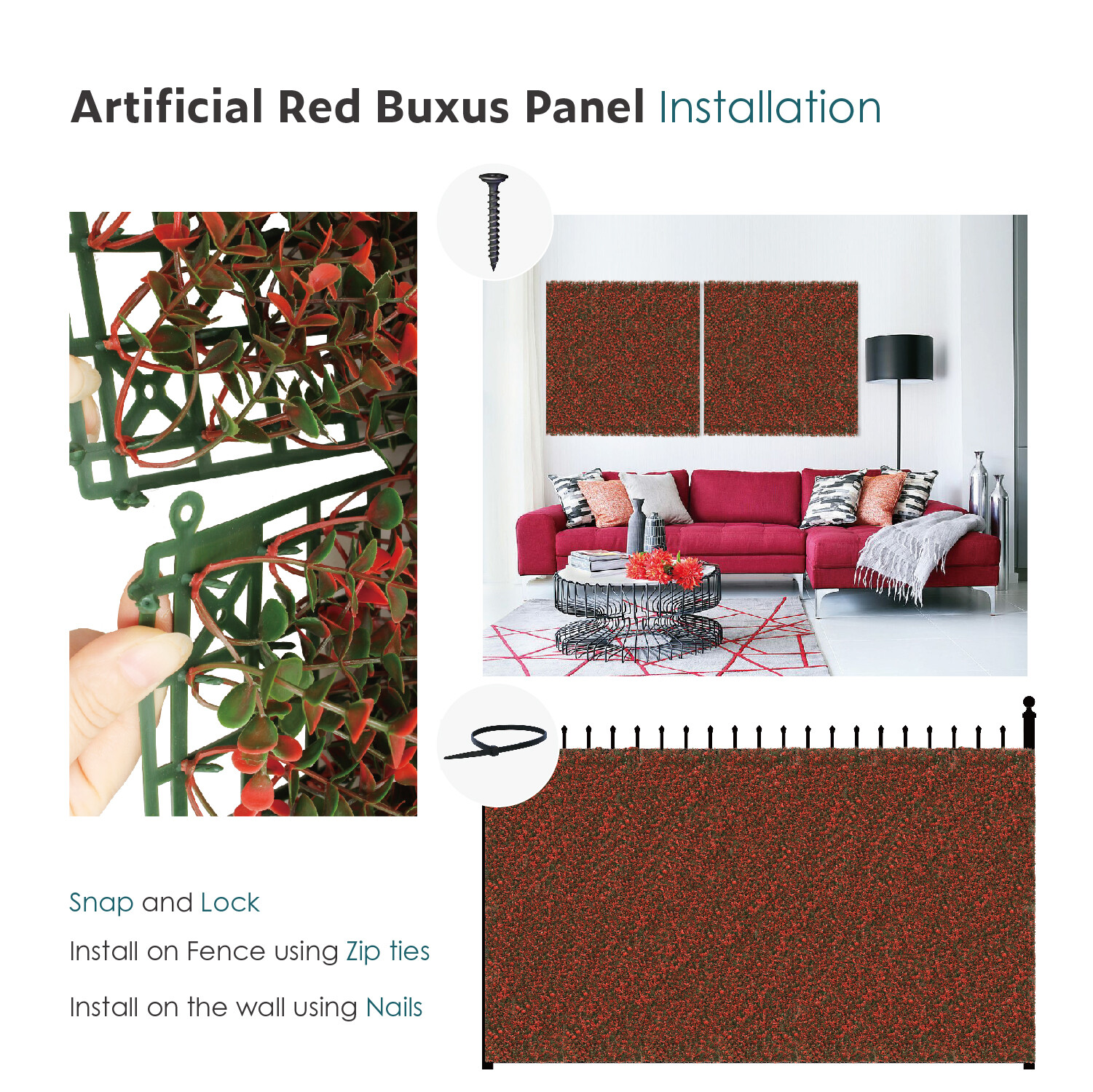 20″x20″ Artificial Red Buxus Mat Faux Fence Panel Wall Decor Ficus Plant Hedge