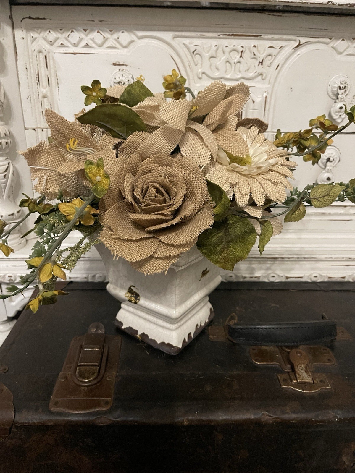 Burlap Flowers Farmhouse White Distressed Rustic Floral Centerpiece Decor
