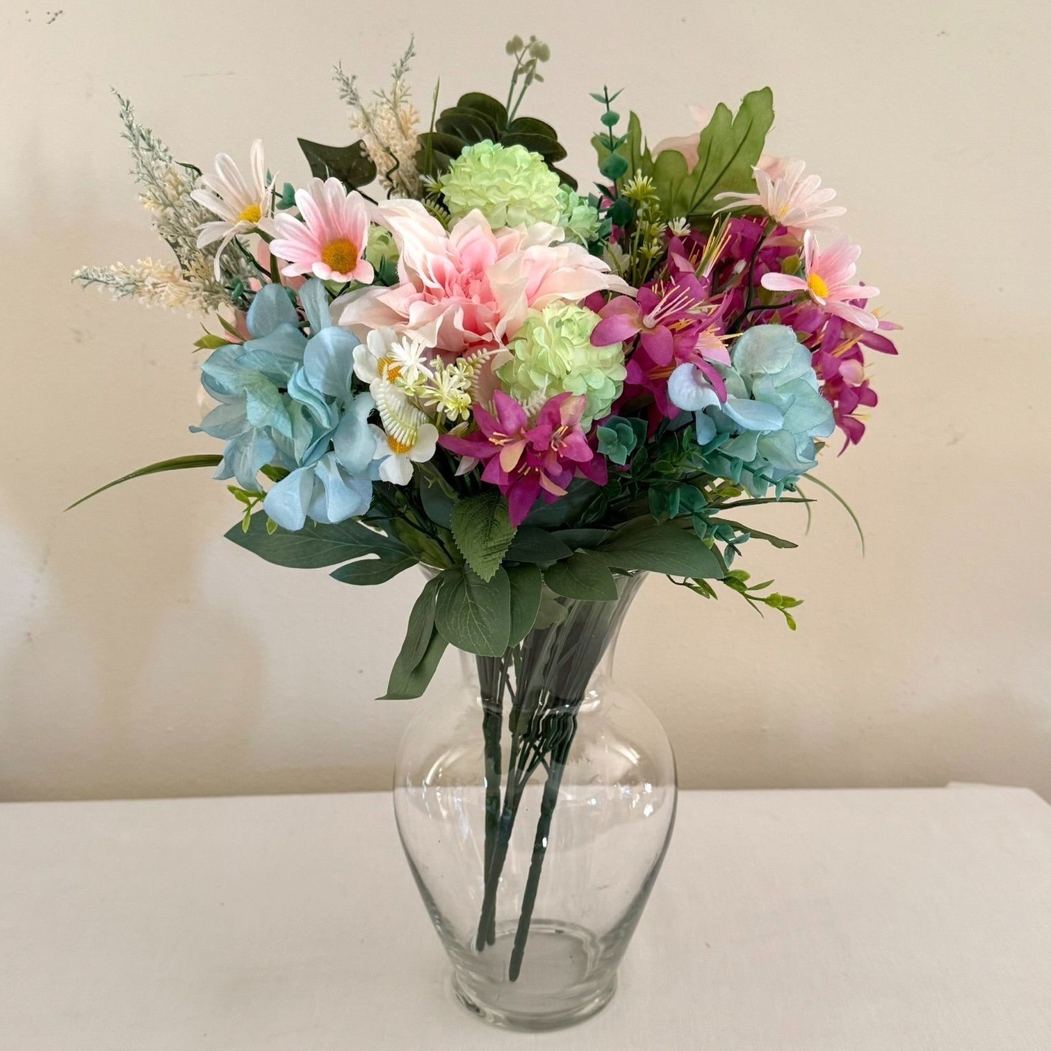 Upcycled Handcrafted Artificial Floral Arrangement Blue Green Pink Flowers OOAK