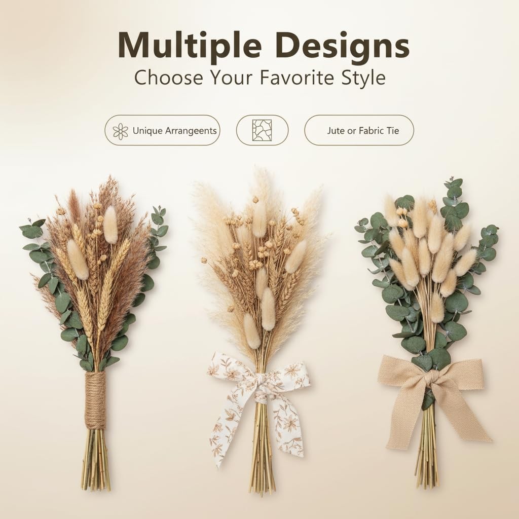 355PCS Dried Pampas Grass Bouquet Set – Brown Pampas Grass & White Pampas Gra…