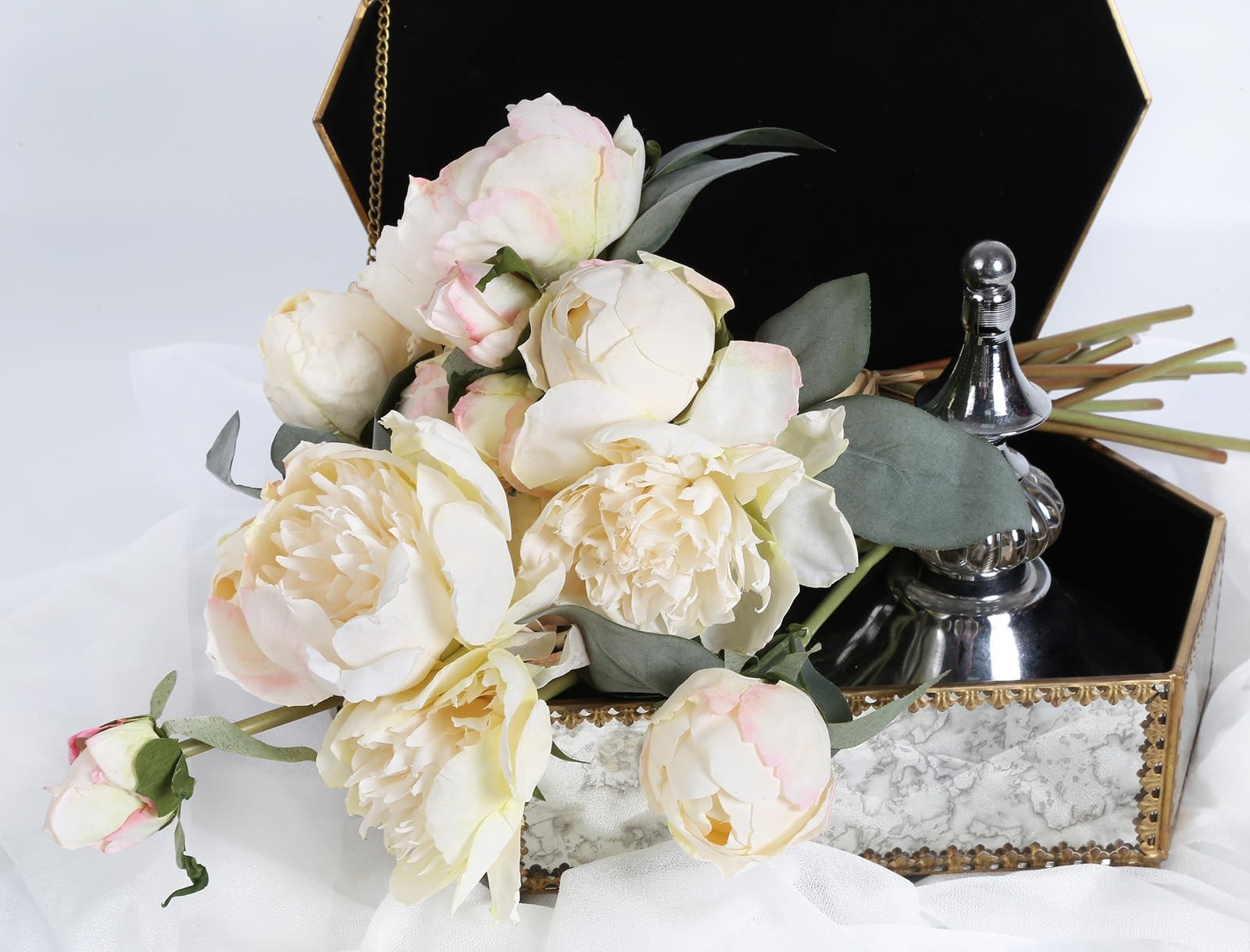 White Artificial Peonies 2 Bouquets Silk Flowers 14Heads Vintage White Fake F…
