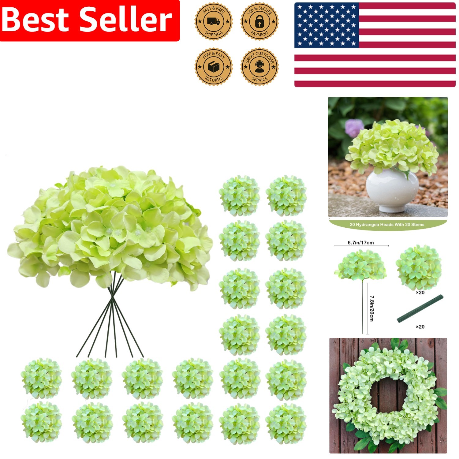 20 Pcs Green Artificial Hydrangea Flowers Bulk Silk Fake Bloom Wedding Decor