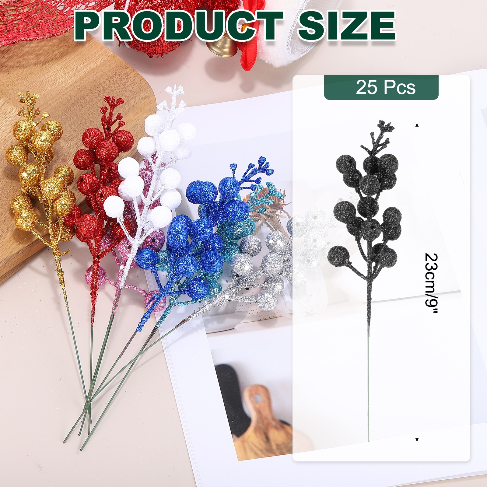 25Pcs Christmas Glittered Berries Stems(Black)