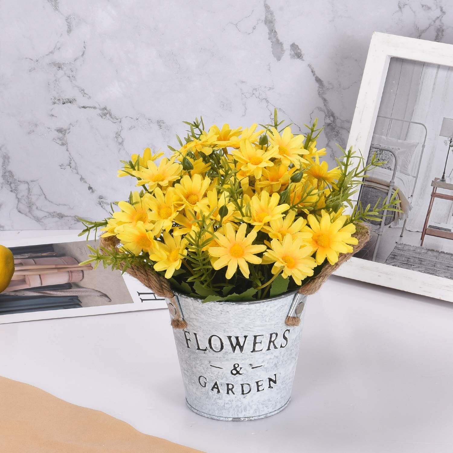 Floral Arrangement Bouquet Yellow Daisy Metal Pot Artificial Flowers Home Decor