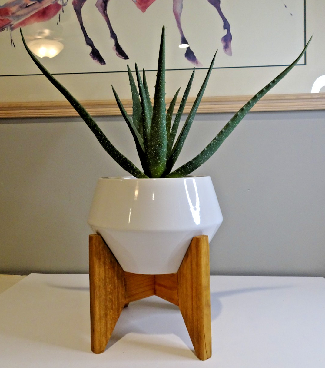 Artificial Fake Aloe Plant with White Ceramic Pot on Wood Stand 19.5 inches tall