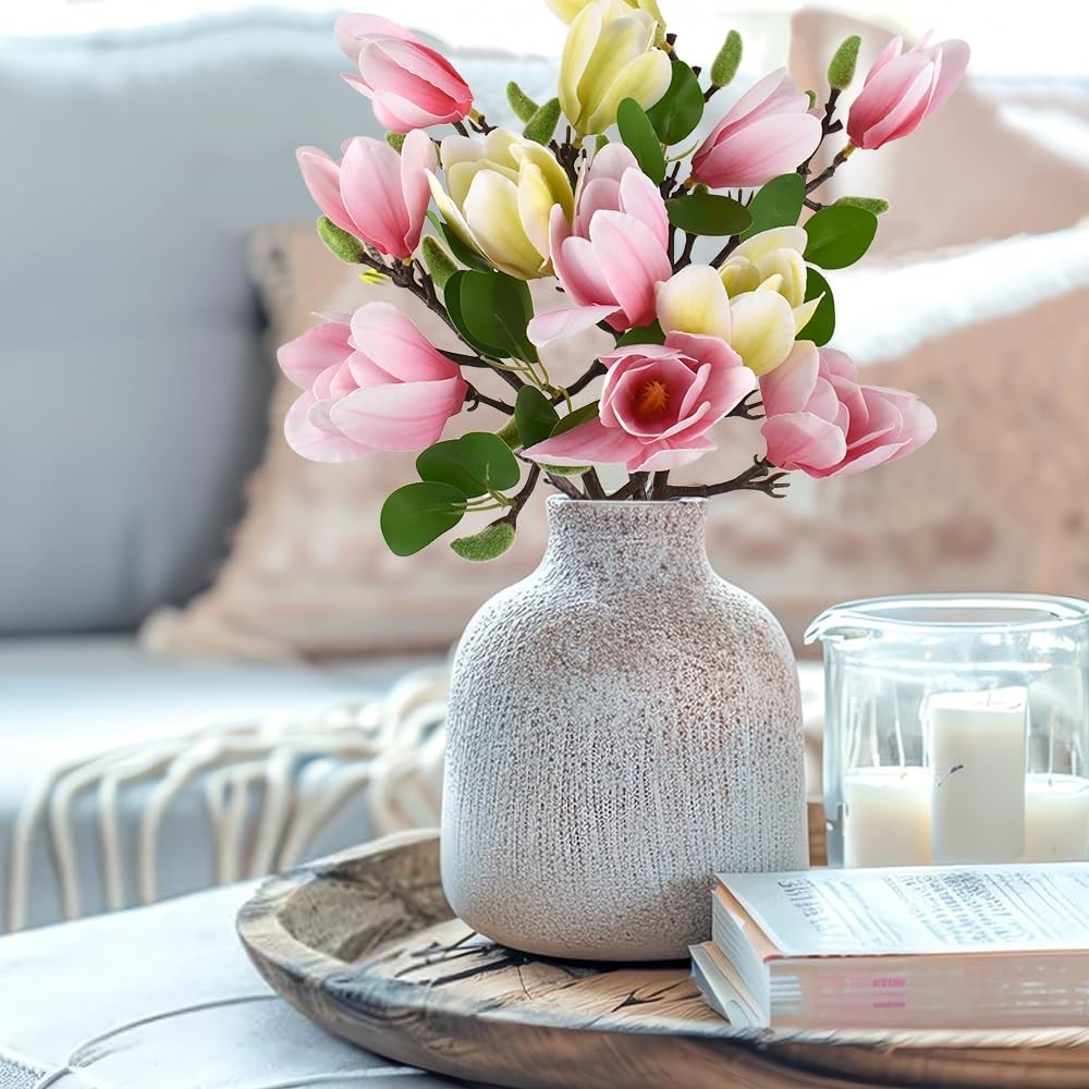 3pcs Artificial Magnolia Flowers, Fake Silk Magnolia Flower Real Touch Branch…