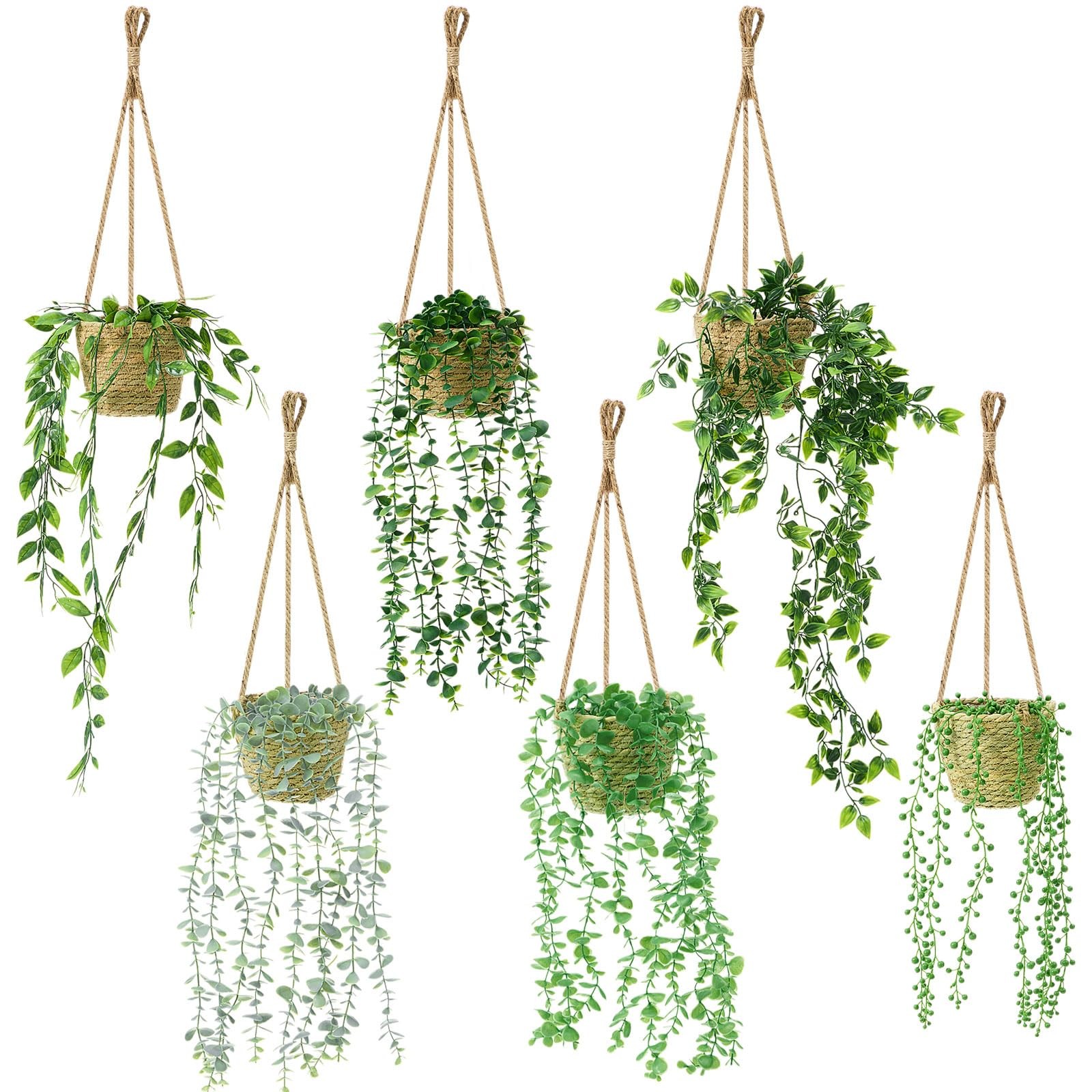 6 Set Mini Fake Hanging Plants with Woven Basket Boho Artificial Ivy Faux Vin…