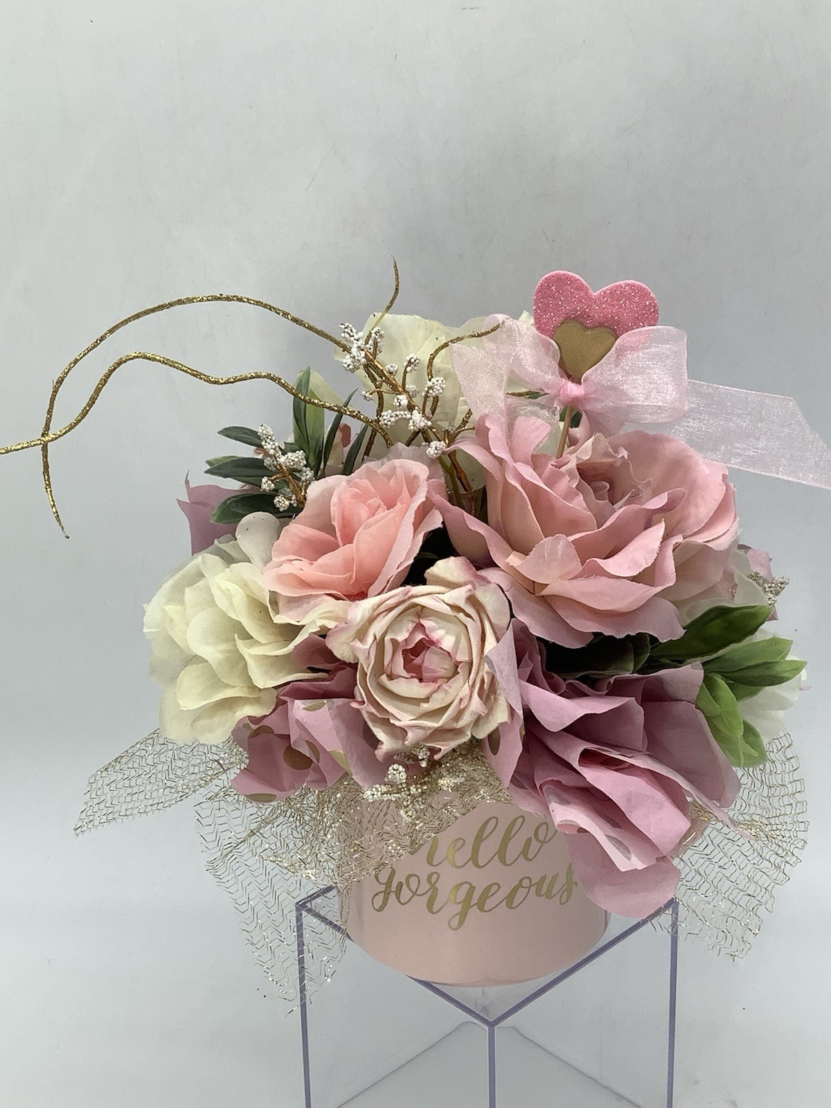 Handmade Valentines Day “Hello Gorgeous” Coffee Mug Pink Gold Floral Arrangement