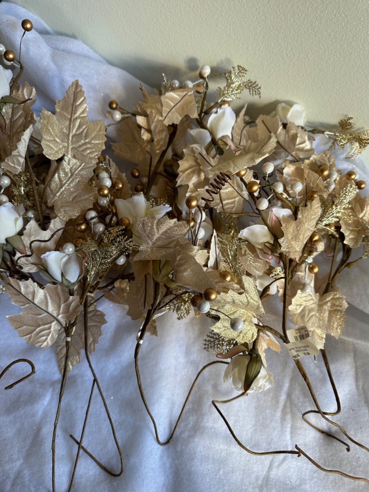 Berry Cluster Tree Pick Plant Spray Decorations Gold Beads White and Bronze Leaf