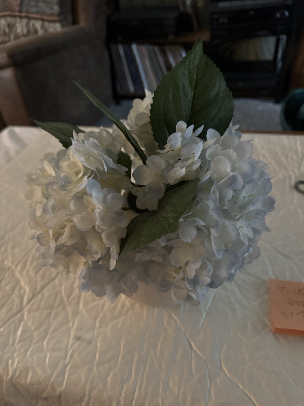 Artificial Light Blue Hydrangea Flowers w/Textured White Vase 3.5” Vase Bottom