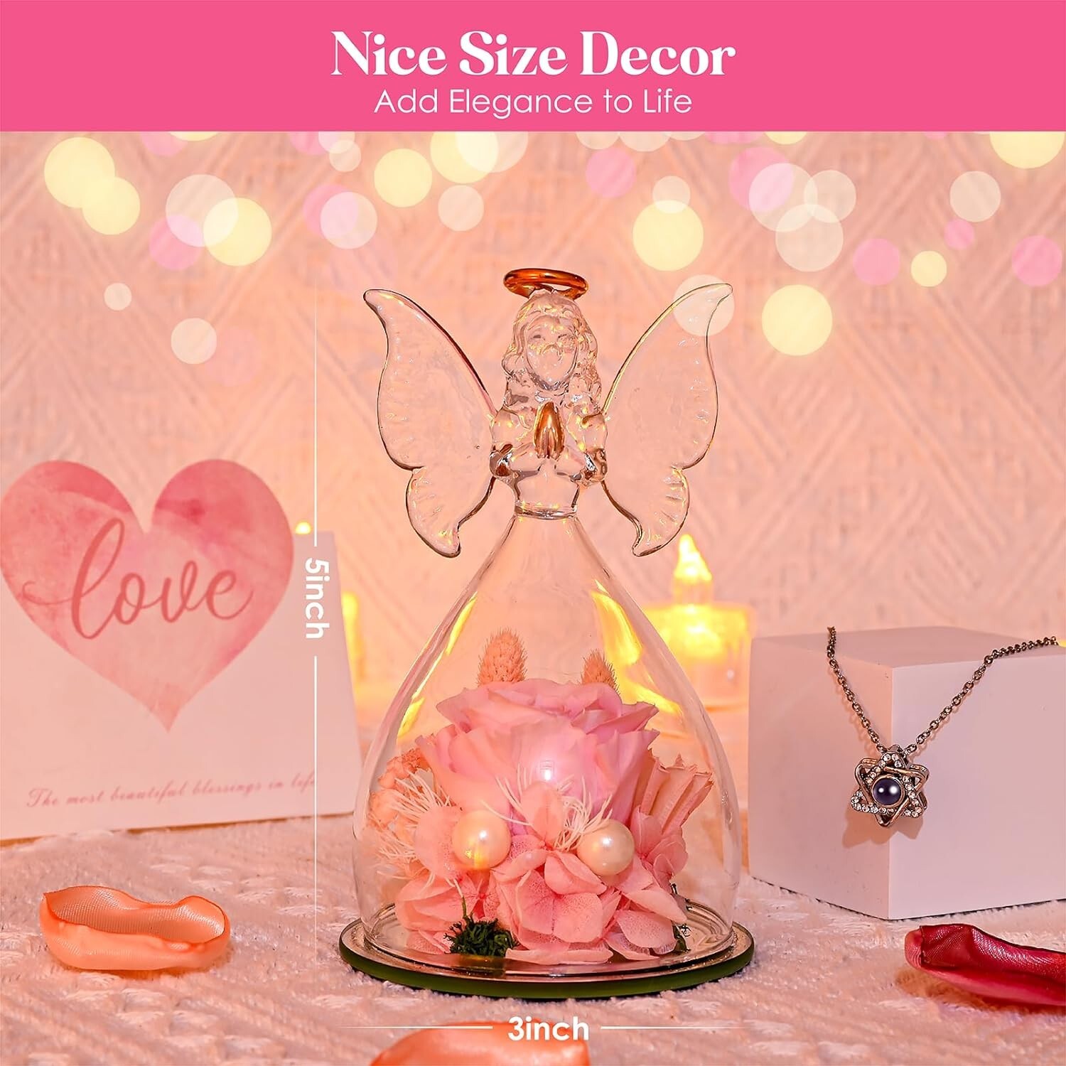 Preserved Flower Rose in Glass Angel Figurines Valentines Day Gifts for Mom NEW