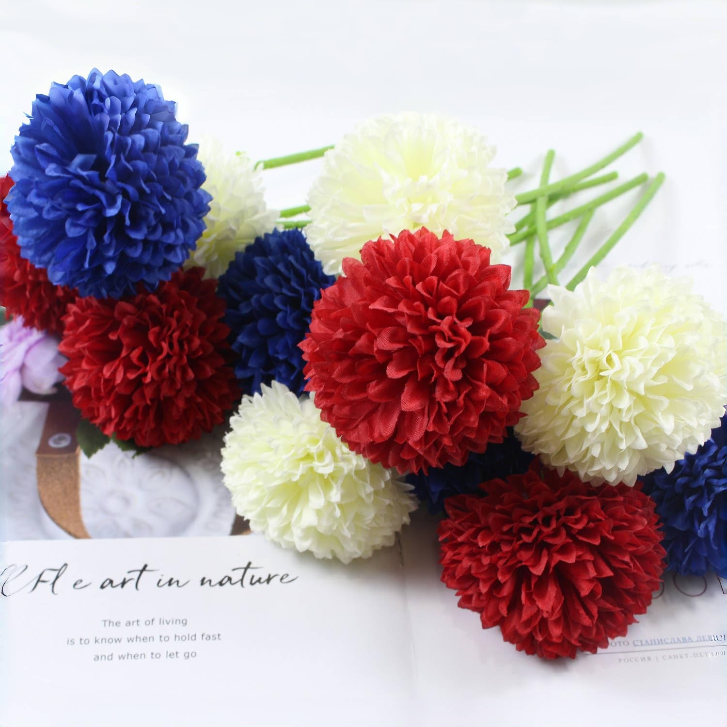 12 PCS Patriotic Ball Chrysanthemum Artificial Silk Flowers 4th July