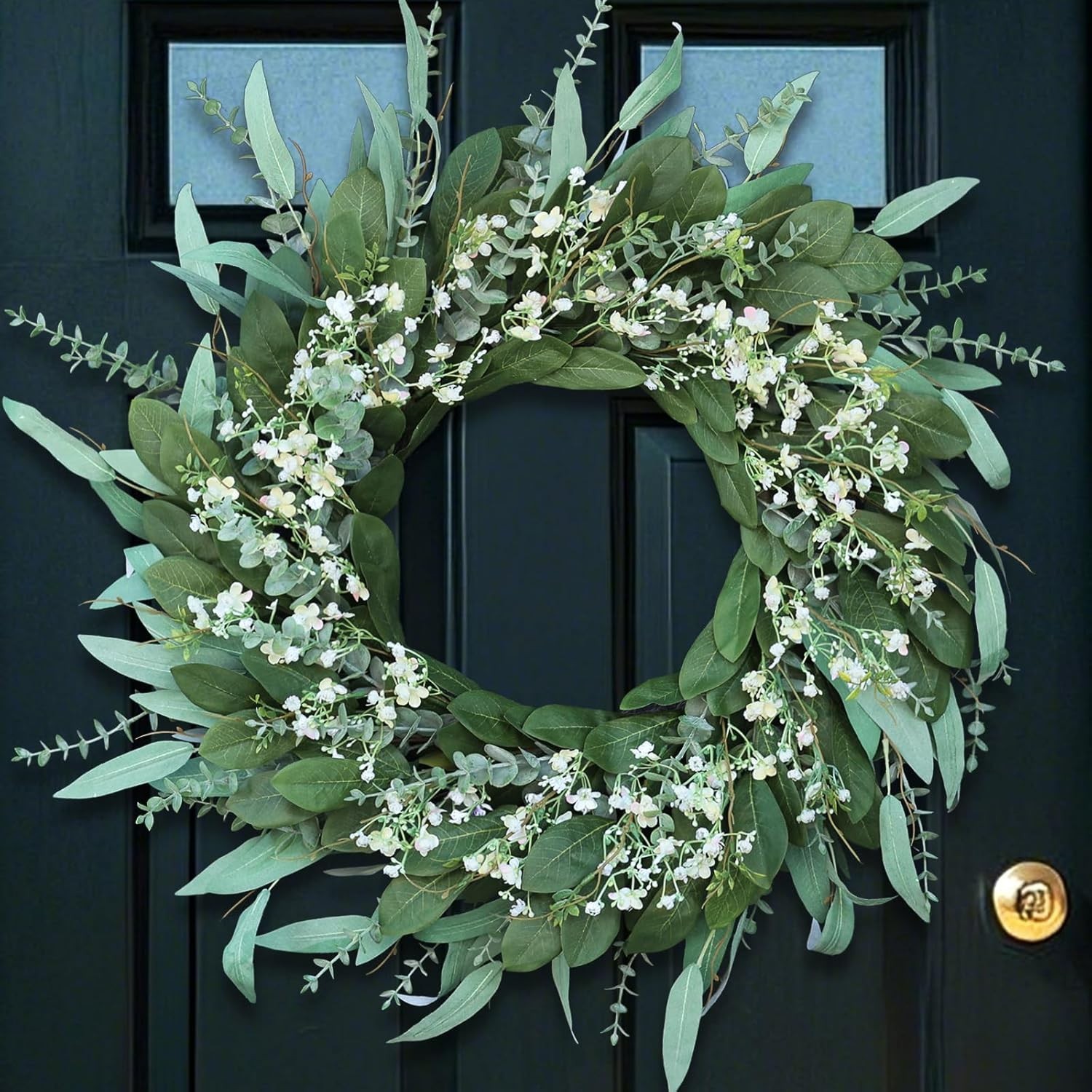 26-Inch Eucalyptus and Babys Breath Wreath for Front Door All-Season Indoor O…