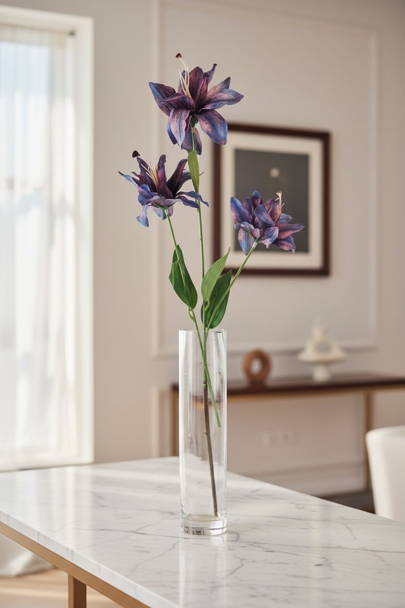 Luxury Artificial Tiger Lily Stem 34 Inch | Purple Blue Faux Lily | Designer Art