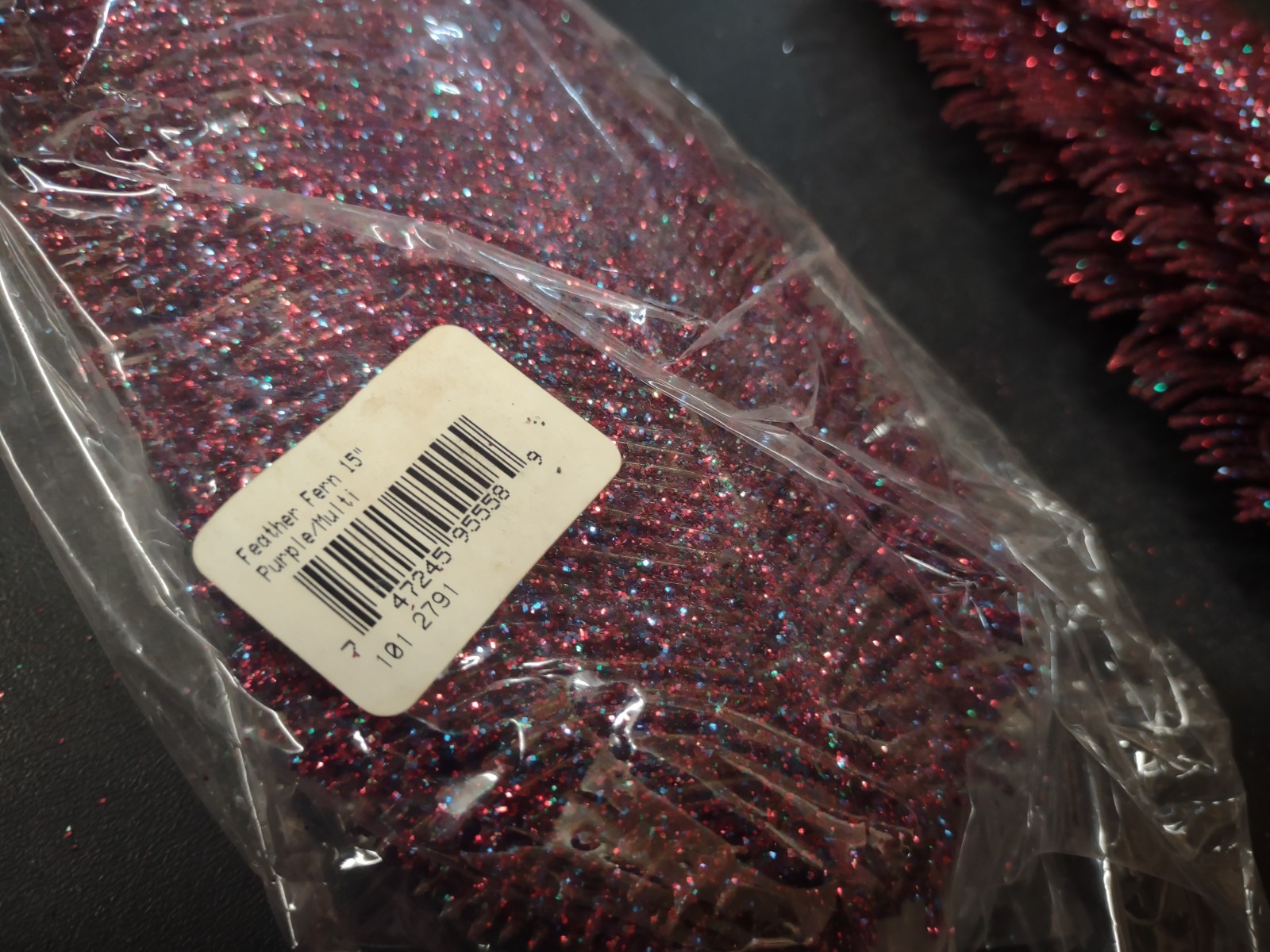 6 Pieces: Retro Plastic Feather Fern, Purple Red & Blue Glittered, Wired 15″