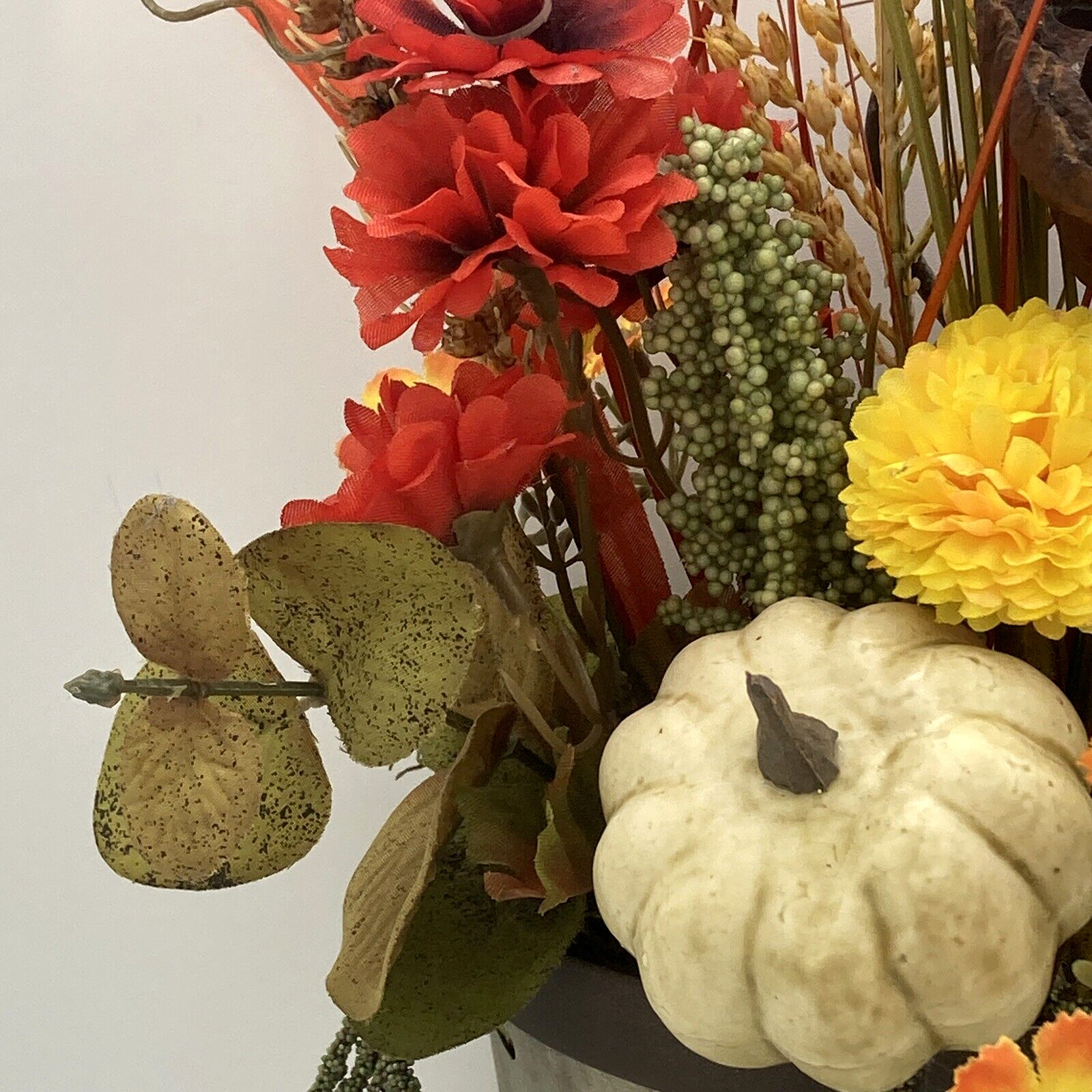 Artificial Flower Arrangement In Metal Wall Pocket Lotus Pod White Pumpkin