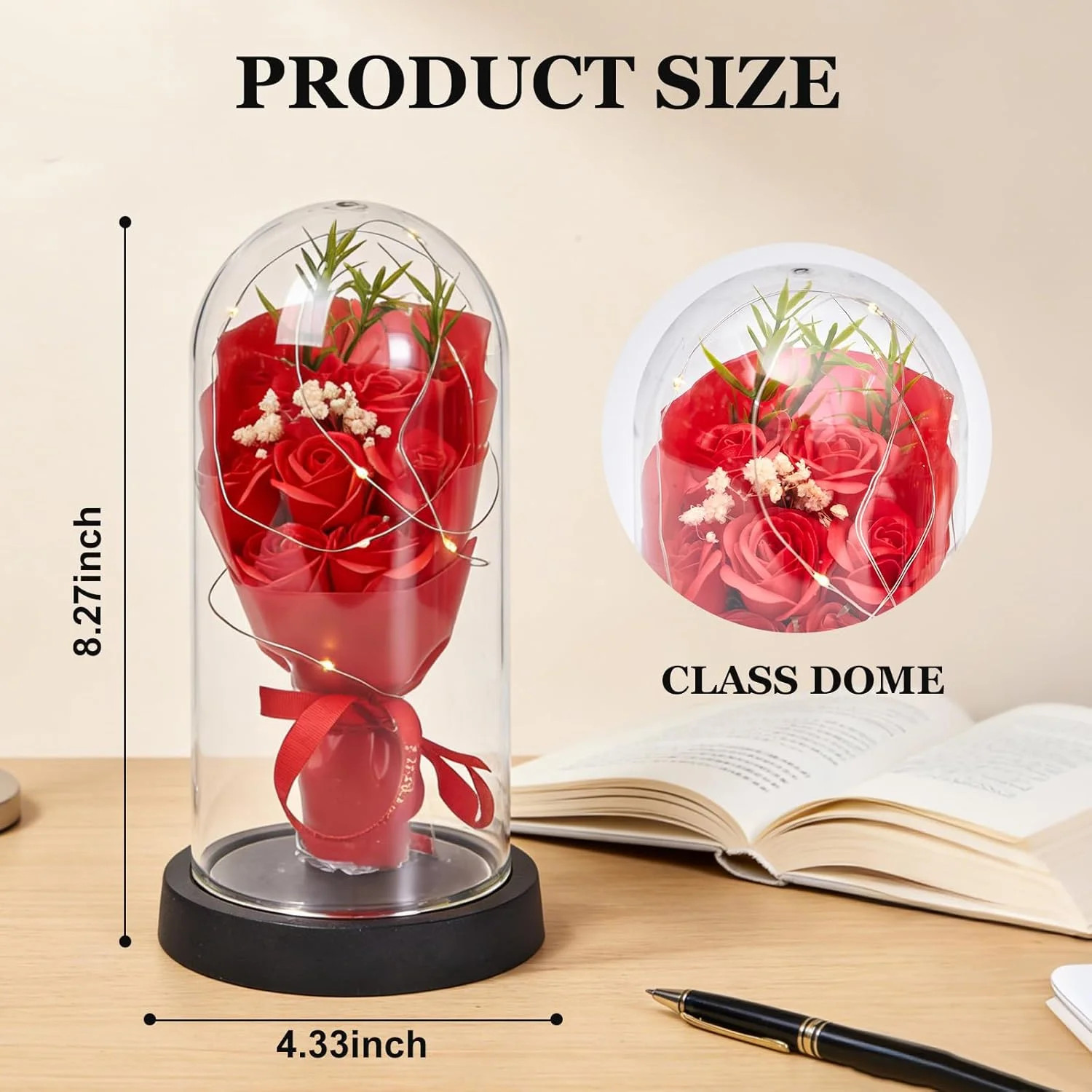 Preserved Flowers in Glass for Her,Pink Real Rose Bouquet with LED Light,Eternal