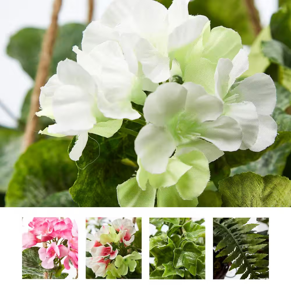 White Artificial Geranium Flower Arrangement with Hanging Basket