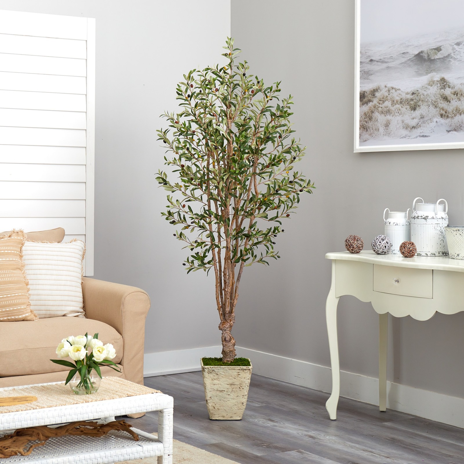 6.5ft Olive Faux Tree in Country White Planter Home Decor Office Decor