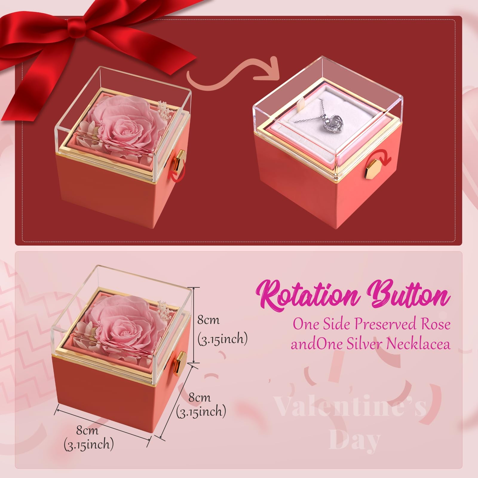 Preserved Real Pink Forever Rose Rotating Box with I Love You Necklace 100 La…