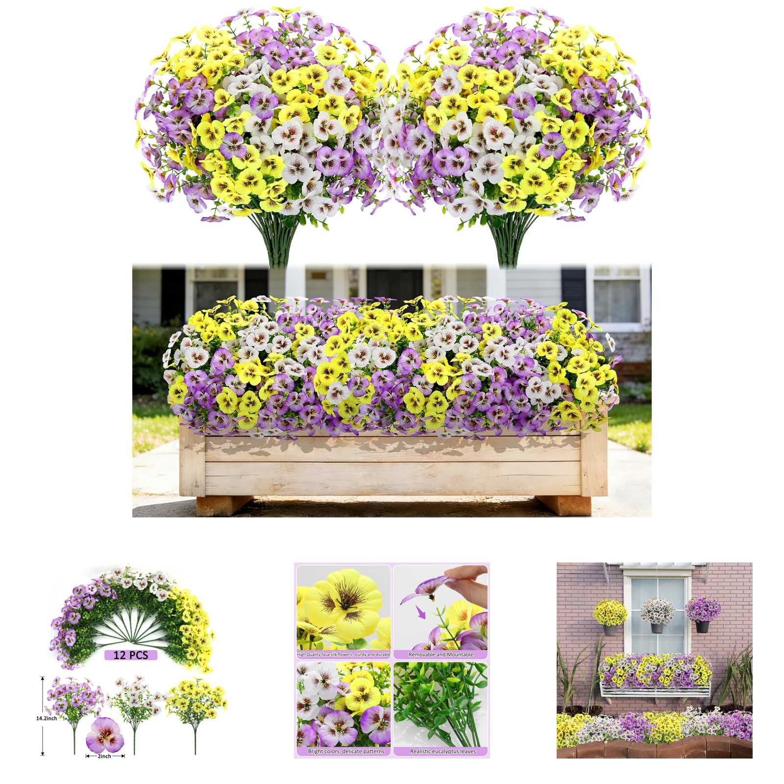 Artificial Flowers Pansies with Eucalyptus UV Resistant Fake Plants for Indoor