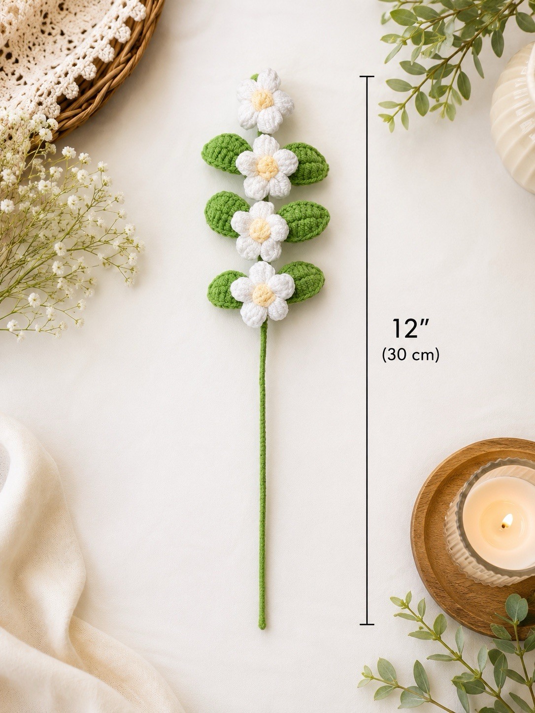 Handmade Crochet White Flower Stem Knitted Floral Decor Gift Home Decoration