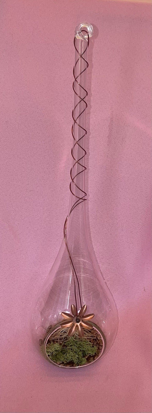 16” Blown Glass Teardrop Hanging Globe Terrarium Copper Flower Accent