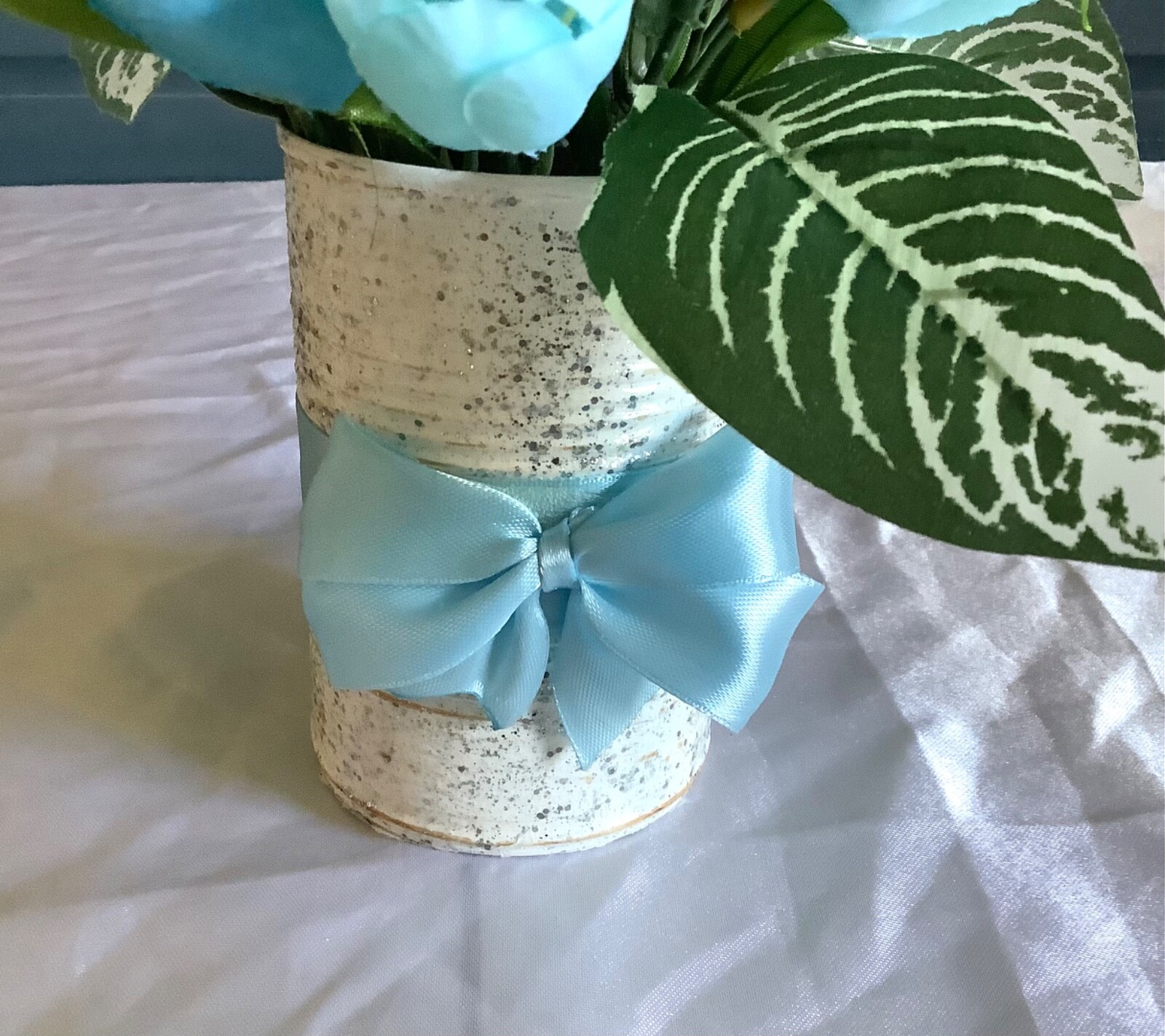 Spring/easter blue tulip centerpiece with glitter and painted upcycled tin can