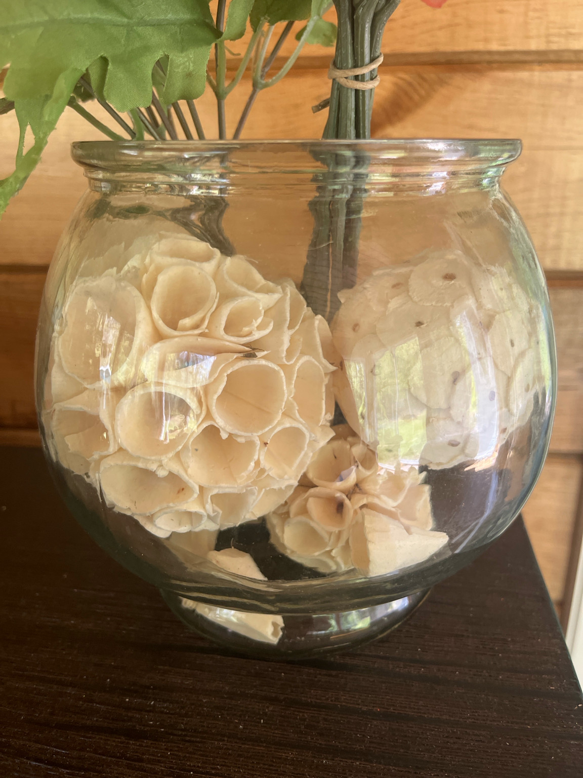 Large Faux Floral Arrangement Pink Roses Hydrangea Glass Vase Centerpiece Decor